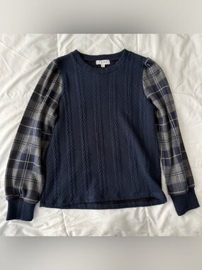 Anthropologie THML Navy Cable Knit Sweater Tartan Plaid Sleeves Women’s M Preppy